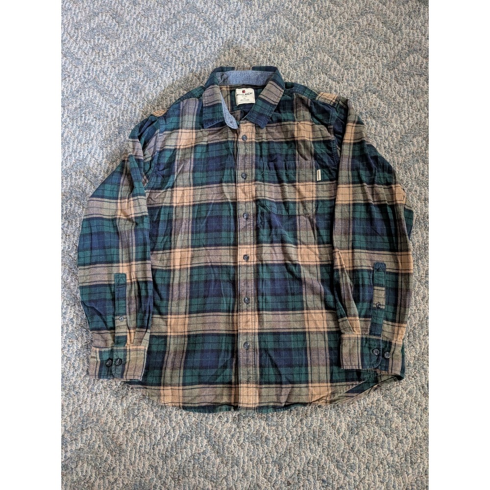 Woolrich Mens XL Flannel Shirt Green Blue Tan Plaid Cotton Long Sleeve Button Up